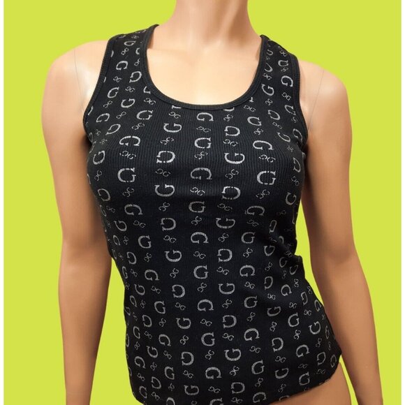Y2K Guess Jeans black Ribbed Tank Top size S Silver Glitter Logo Monogram Print - Picture 1 of 6